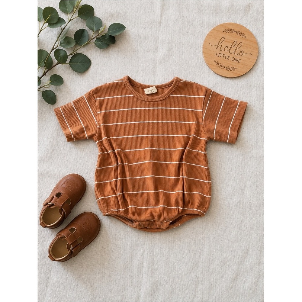 Siix Neutral Ribbed Bubble Romper 12-18M Organic Cotton Boutique
